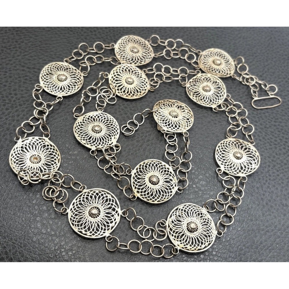 VTG Silver Tone Filigree Spiral Medallion Statement Boho Belt Or Necklace 36"